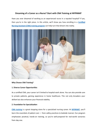 Dreaming of a Career as a Nurse Start with CNA Training at MYPANAT