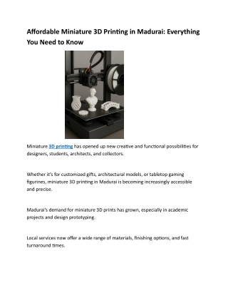 Affordable Miniature 3D Printing in Madurai: Everything You Need to Know