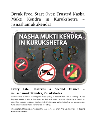 Break Free. Start Over. Trusted Nasha Mukti Kendra in Kurukshetra – nsnashamuktikendra