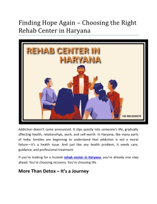 Finding Hope Again – Choosing the Right Rehab Center in Haryana