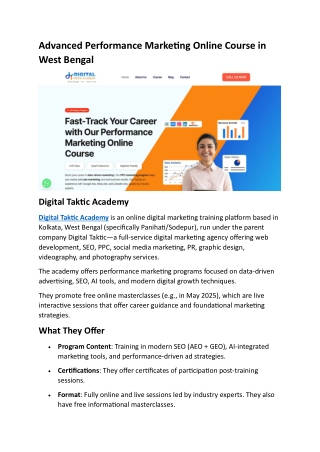 Advanced Performance Marketing Online Course in West Bengal
