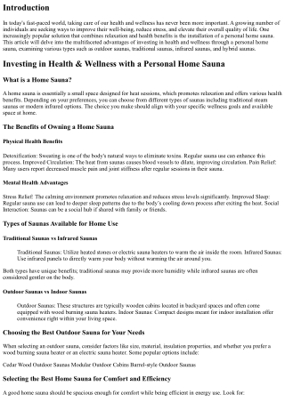 Investing in Health & Wellness with a Personal Home Sauna