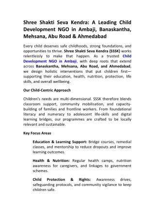 Child Development NGO in Ambaji, Banaskantha, Mehsana, Abu Road & Ahmedabad