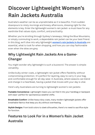 Discover Lightweight Women’s Rain Jackets Australia