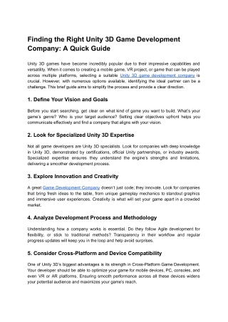 Finding the Right Unity 3D Game Development Company A Quick Guide