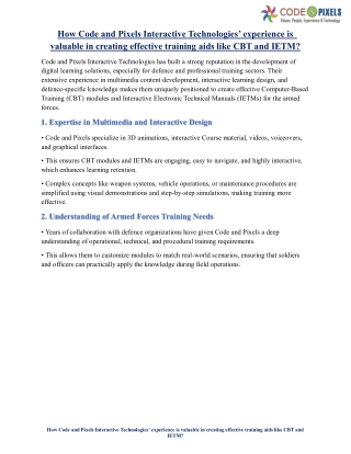 How Code and Pixels Interactive Technologies’ experience is valuable in creating effective training aids like CBT and IE