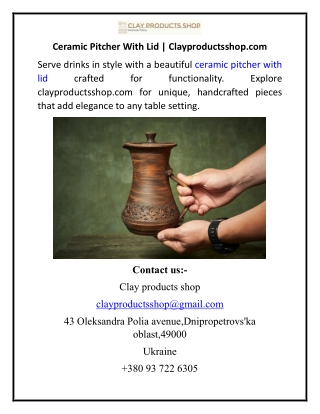 Ceramic Pitcher With Lid  Clayproductsshop.com