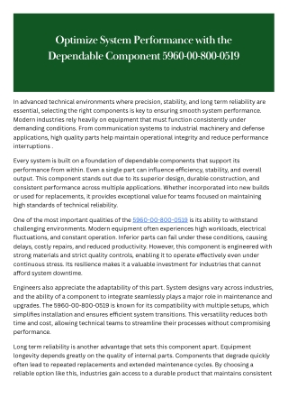 Optimize System Performance with the Dependable Component 5960-00-800-0519